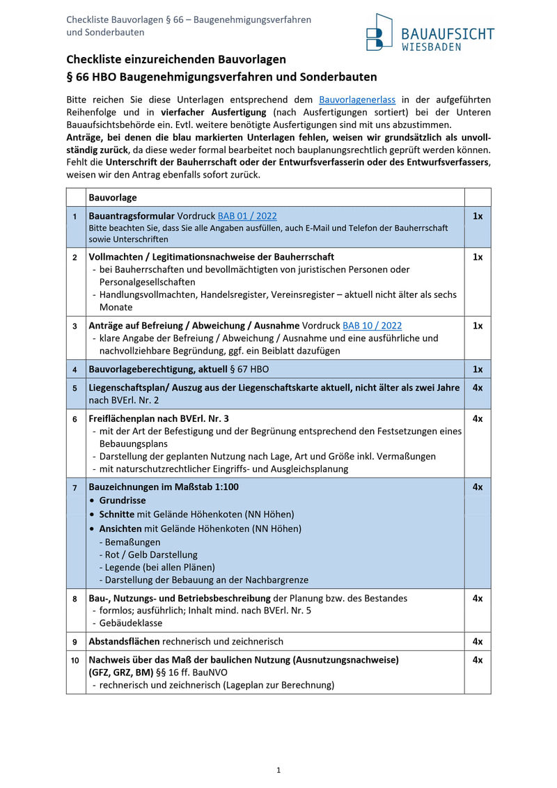 Vorschau Checkliste Baugenehmigungsverfahren (§66 HBO; Sonderbauten) Seite 1