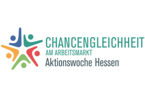 Logo Chancengleicheit am Arbeitsmarkt der Aktionswoche Hessen Schriftzug mit farbigen Motiv auf der linken Seite