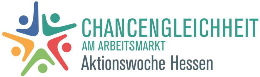 Logo Chancengleicheit am Arbeitsmarkt der Aktionswoche Hessen Schriftzug mit farbigen Motiv auf der linken Seite