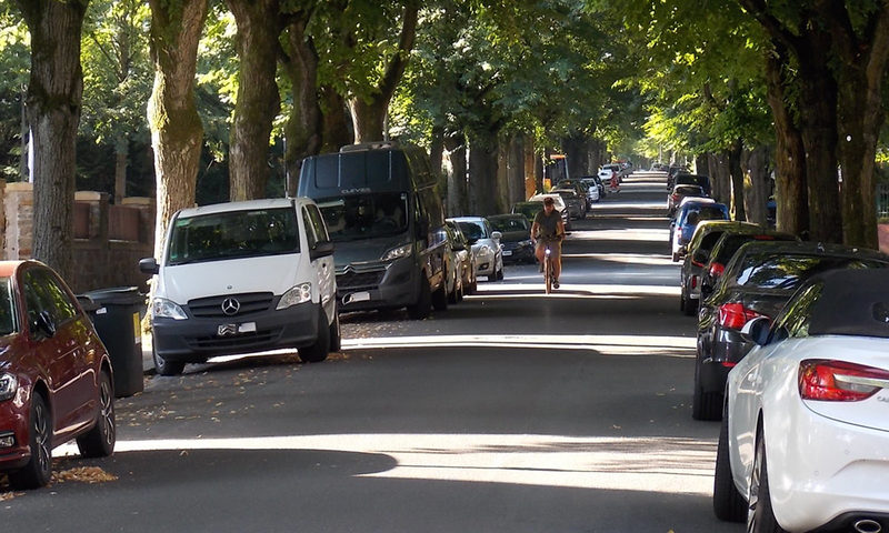 Radfahrer zwischen vielen Autos