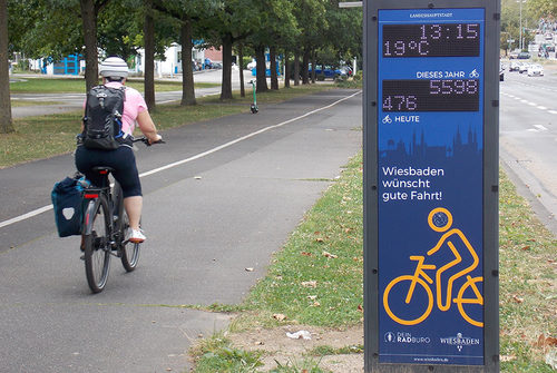 Radweg mit einem Radfahrenden und Zählerstelle für Räder