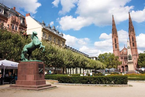 Luisenplatz with equestrian statue and St. Boniface Church